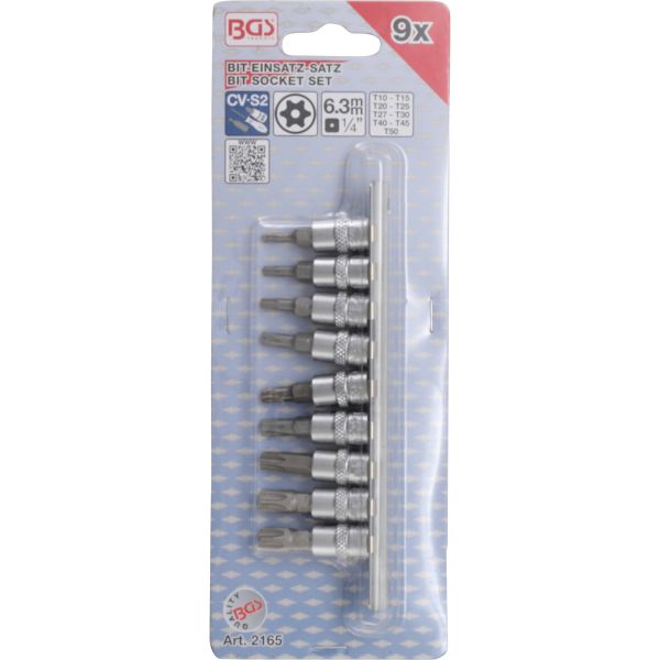 Jeu de douilles à embouts | 6,3 mm (1/4") | Profil T (pour Torx Plus) avec perçage T10 - T50 | 9 piéces