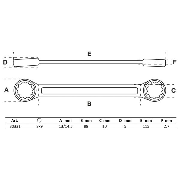 Llave de estrella doble | extra plana | 8 x 9 mm