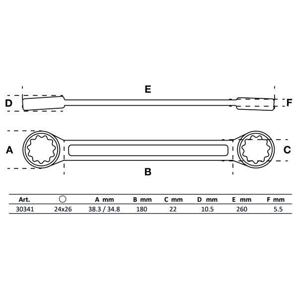 Llave de estrella doble | extra plana | 24 x 26 mm