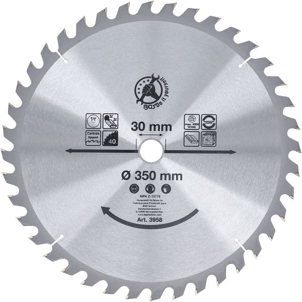 Hoja de sierra circular con puntas de carburo | Ø 350 x 30 x 3,4 mm | 40 dientes