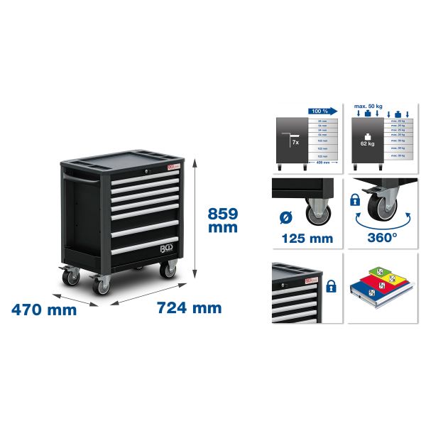 Workshop Trolley | 7 Drawers | extra low total Height | empty