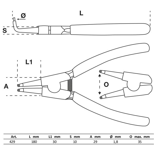 Pince à circlips | courbée | pour circlips intérieurs | 180 mm