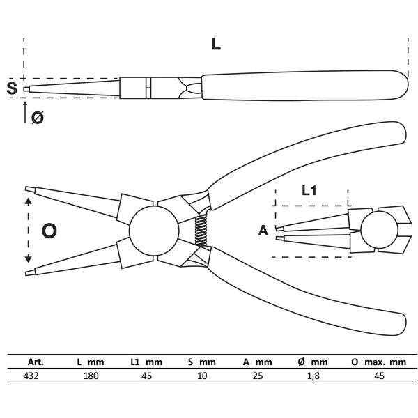 Pince à circlips | droite | pour circlips intérieurs | 180 mm