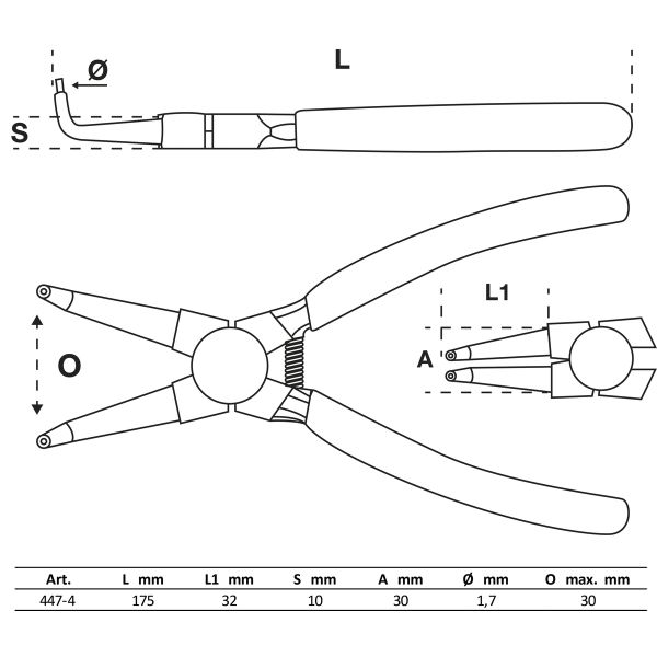 Sprengringzange | abgewinkelt | für Innensprengringe | 175 mm