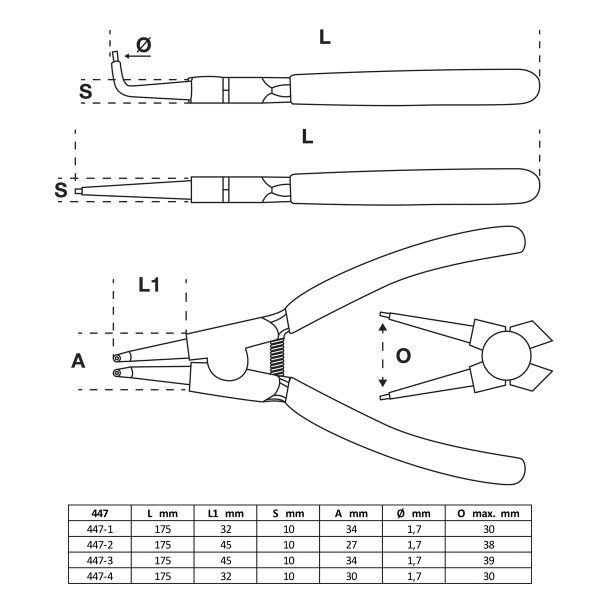 Jeu de pinces à circlips 175 mm | 4 pièces