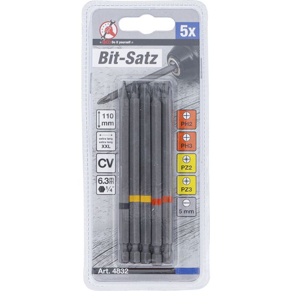 Bit-Set | 6.3 mm (1/4") Drive | Cross Slot PH, Cross Slot PZ, Slot SL | Length 110 mm | 5 pcs.