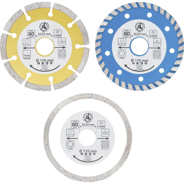 Jeu de disques de coupe au diamant | Ø d’perçage frontal 20 mm | Ø 115 mm | 3 pièces