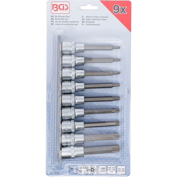 Jeu de douilles à embouts | 12,5 mm (1/2") | Profil T (pour Torx) avec perçage | 9 pièces