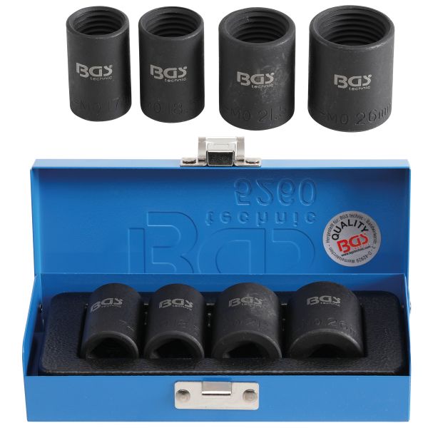 Twist Socket Set (Spiral Profile) / Screw Extractor | 12.5 mm (1/2") Drive | 17 - 26 mm | 4 pcs.