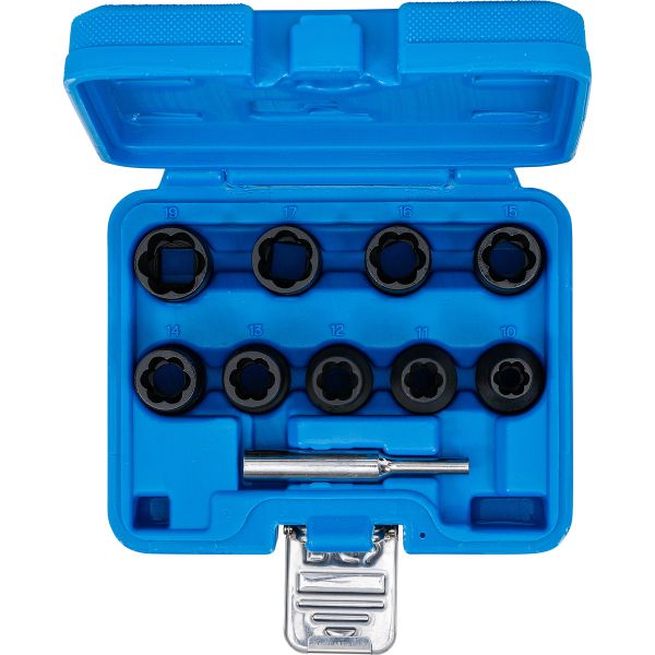 Twist Socket Set (Spiral Profile) / Screw Extractor | 12.5 mm (1/2") Drive | 10 - 19 mm | 10 pcs.