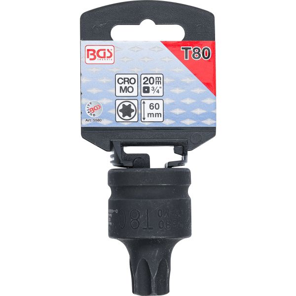 Impact Bit Socket | length 60 mm | 20 mm (3/4") Drive | T-Star (for Torx) T80