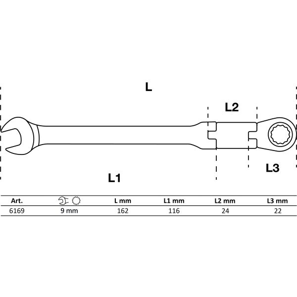 Llave combinada con carraca de doble articulación | angulable | 9 mm