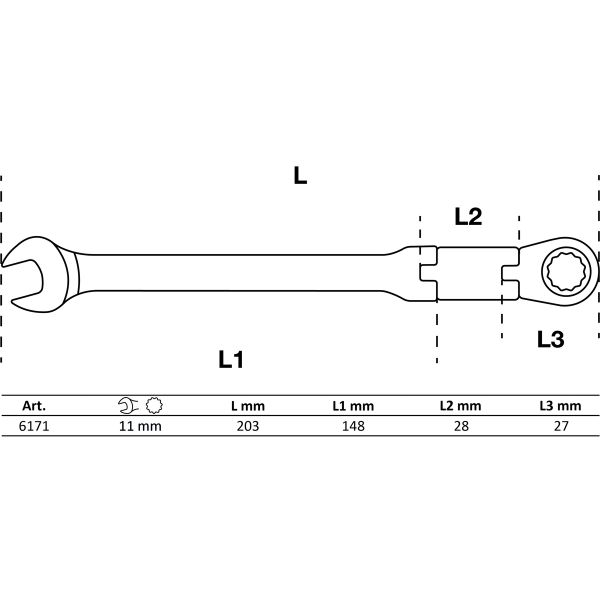 Llave combinada con carraca de doble articulación | angulable | 11 mm