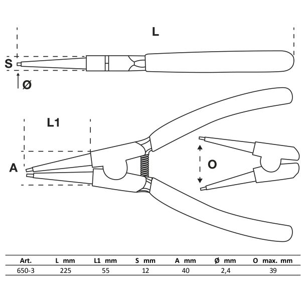 Pince pour circlips | droite | pour circlips extérieurs | 225 mm