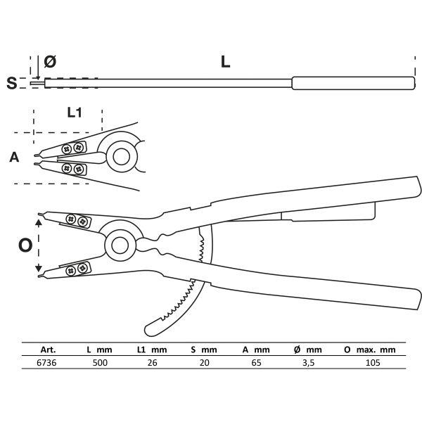 Alicate de puntas (circlip) | recto | para anillos de retención exteriores | 500 mm