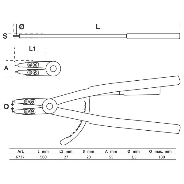 Pince pour circlips | droite | pour circlips intérieurs | 500 mm