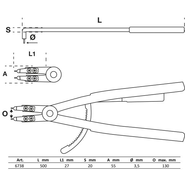 Circlip Pliers | angled | for inside Circlips | 500 mm