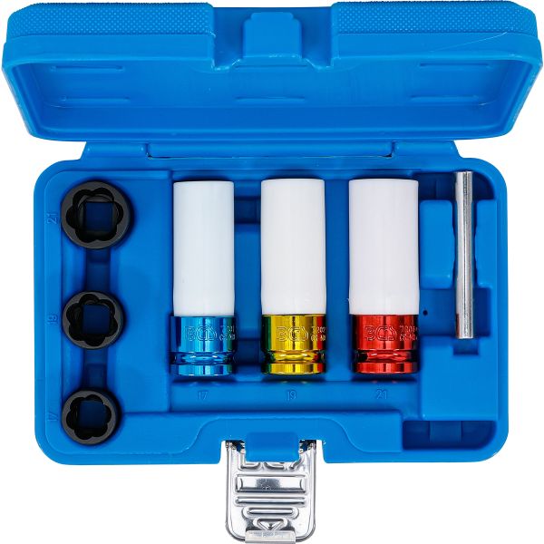 Protective Impact Socket and Twist Socket Set (Spiral Profile) / Screw Extractor | 12.5 mm (1/2") Drive | 17 - 21 mm | 7 pcs.