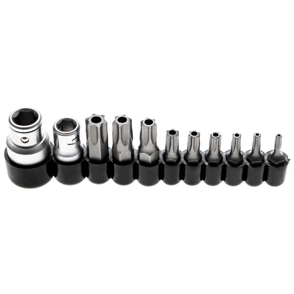 Bit-Satz | Antrieb Außensechskant 6,3 mm (1/4") / 10 mm (3/8") | T-Profil (für Torx) mit Bohrung | 11-tlg.