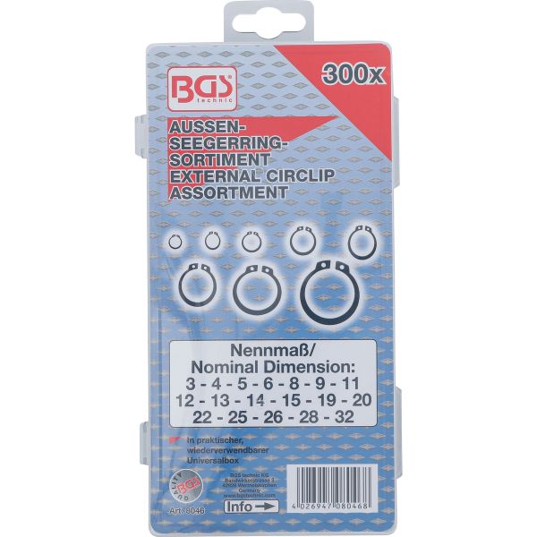 Assortiment de circlips extérieurs | Ø 3 - 32 mm | 300 pièces