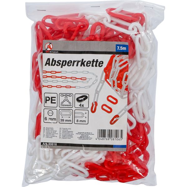 Barrier Chain | red / white | 4 Snap Hooks | Plastic | 7.5 m
