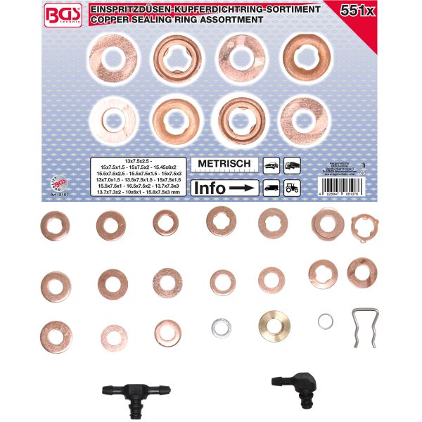 Assortiment de joints en cuivre pour injecteur | 551 pièces