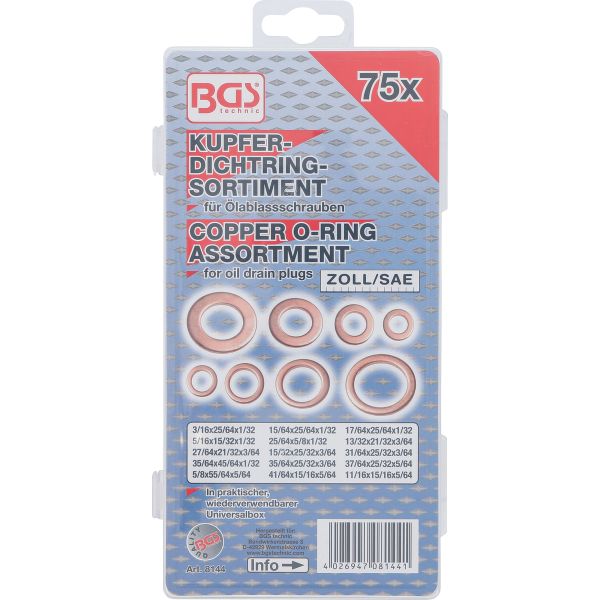 Seal Ring Assortment | Copper | Inch Sizes | for Oil Drain Plugs | 75 pcs.