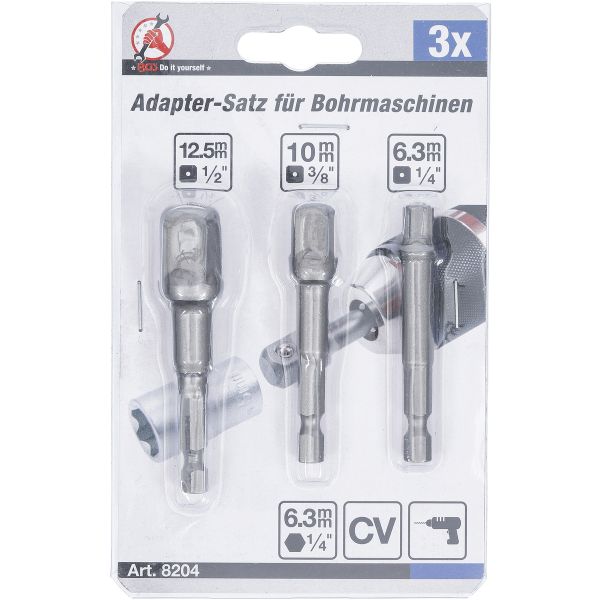 Adapter-Satz für Bohrmaschinen | Antrieb Außensechskant 6,3 mm (1/4") | Abtrieb Außenvierkant 6,3 mm (1/4") / 10 mm (3/8") / 12,5 mm (1/2") | 3-tlg.