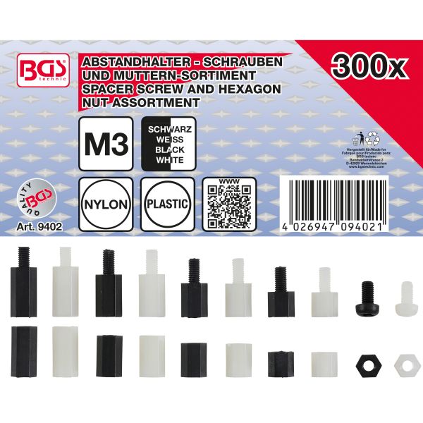 Abstandhalter-Schrauben und Sechskant-Muttern-Sortiment | Nylon | 300-tlg.