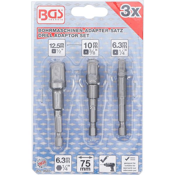 Juego de adaptadores para taladros eléctricos | entrada hexágono exterior 6,3 mm (1/4") | hexágono exterior 6,3 mm (1/4") / 10 mm (3/8") / 12,5 mm (1/2") | 3 piezas