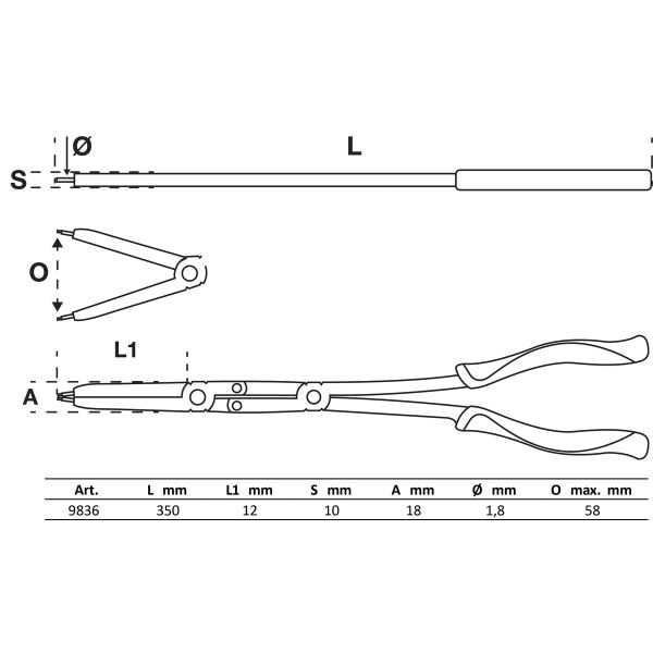 Werkstattwageneinlage 1/3: Doppelgelenk-Sprengringzangen-Satz | auswechselbare Spitzen | 345 mm