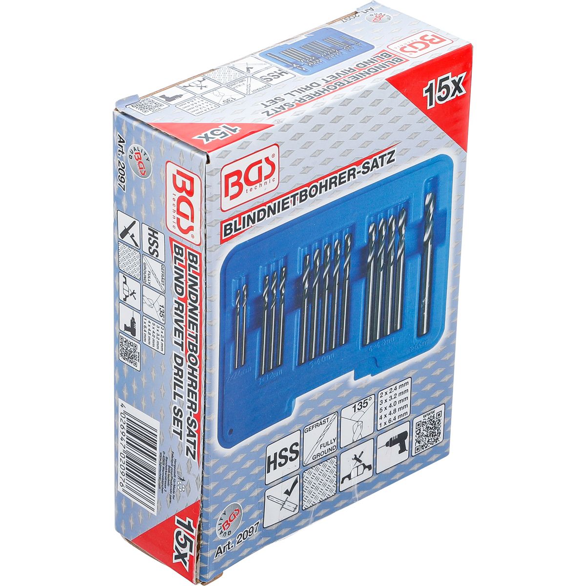 Blind Rivet Drill Set | HSS | 2.4 - 6.4 mm | 15 pcs.