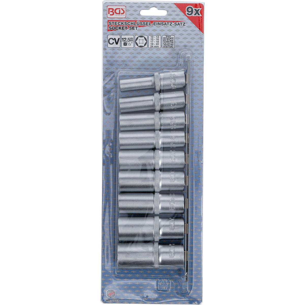 Socket Set, Hexagon, deep | 12.5 mm (1/2") Drive | 10 - 24 mm | 9 pcs.