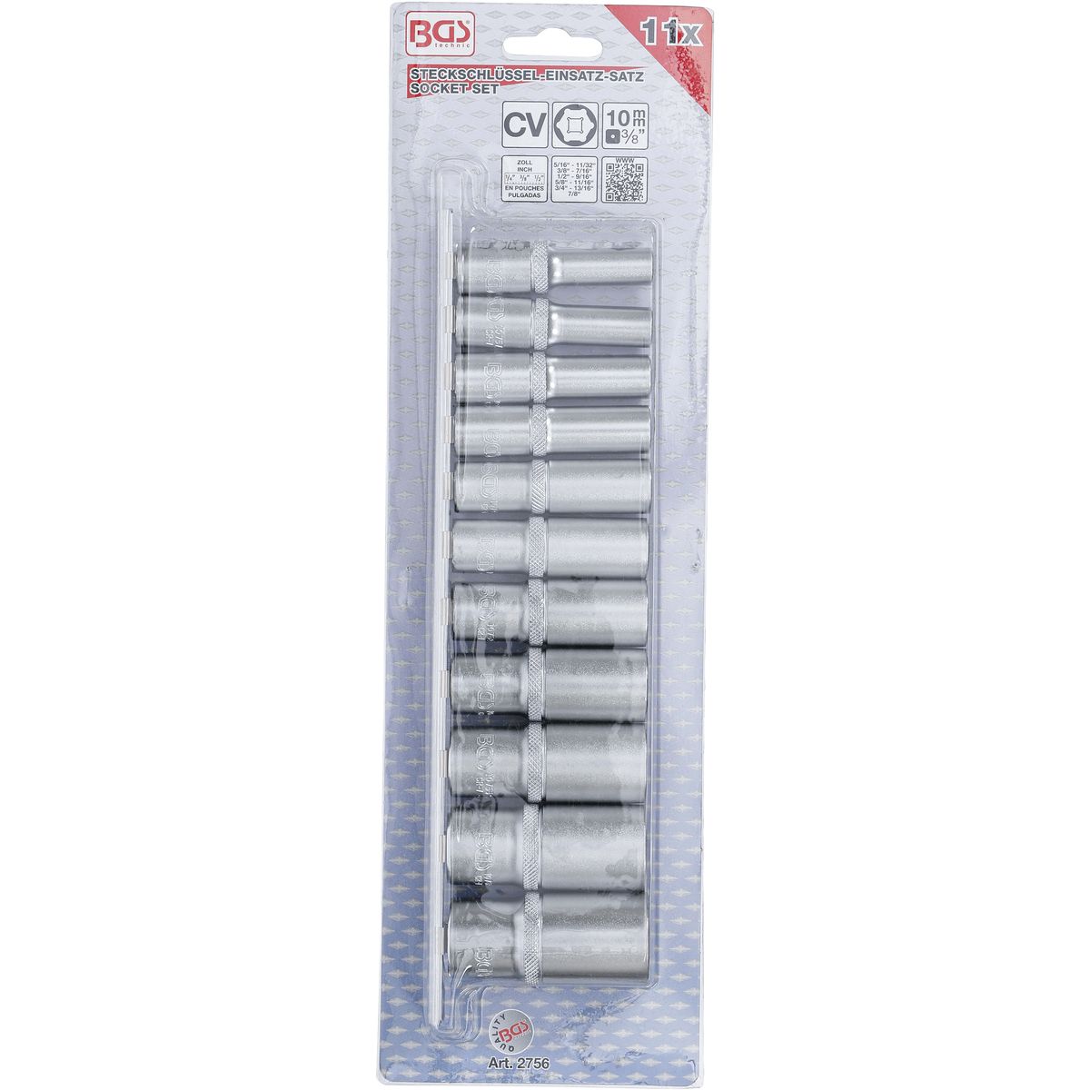 Socket Set, Hexagon, deep | 10 mm (3/8") Drive | Inch Sizes | 11 pcs.