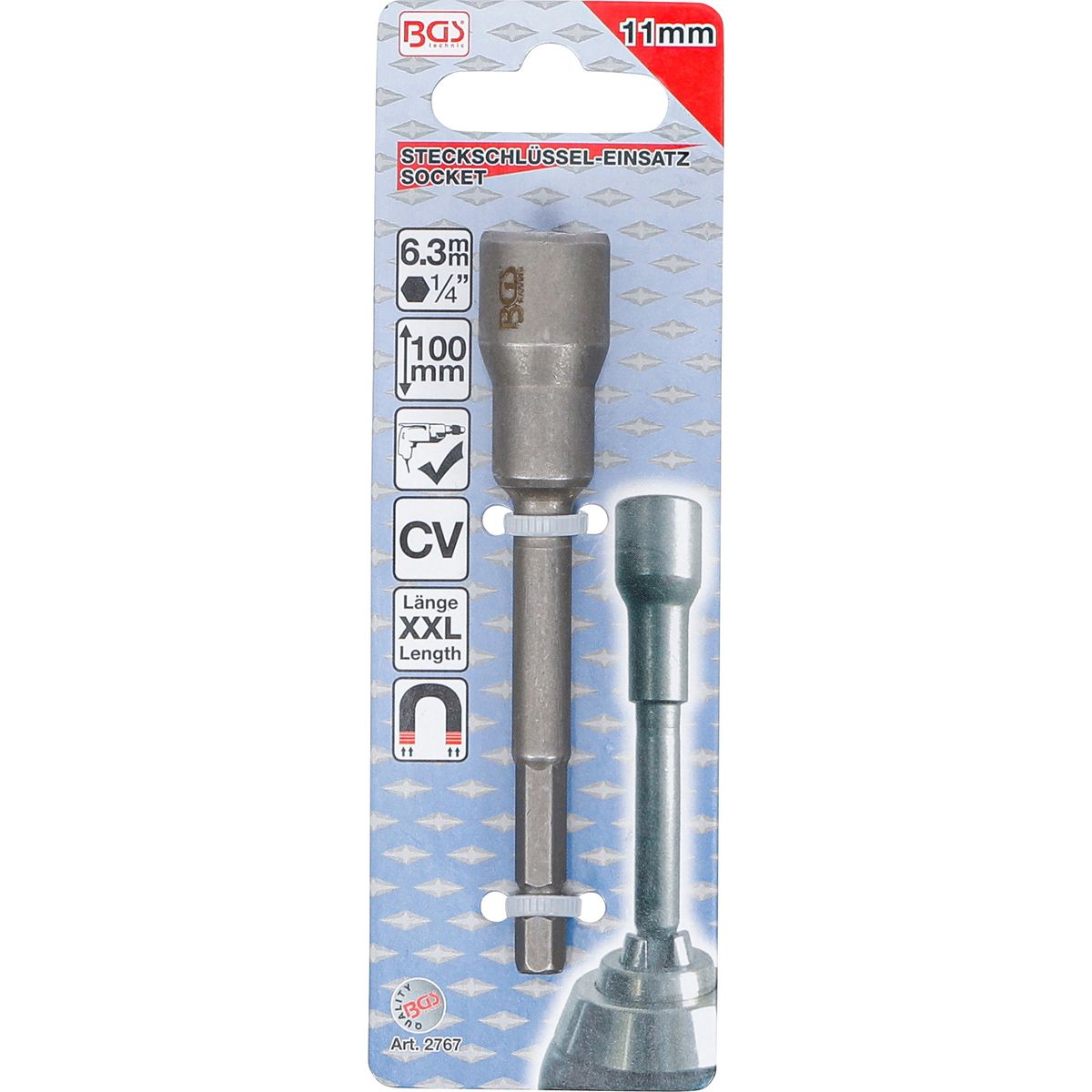 Socket, Hexagon, extra long | for electric drills | 6.3 mm (1/4") Drive | 11 mm