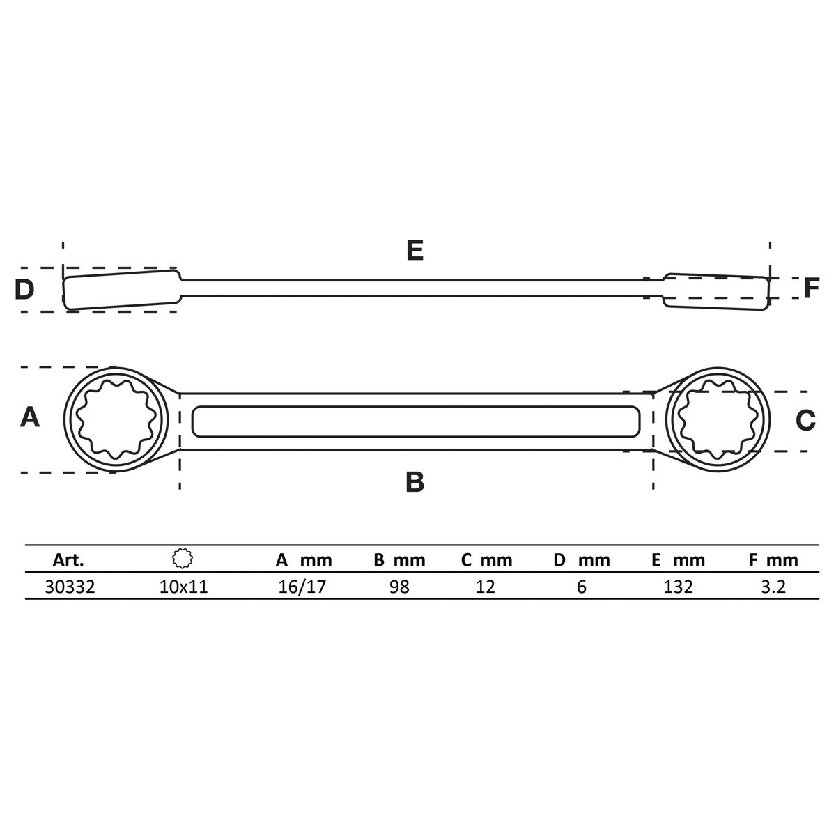 Llave de estrella doble | extra plana | 10 x 11 mm