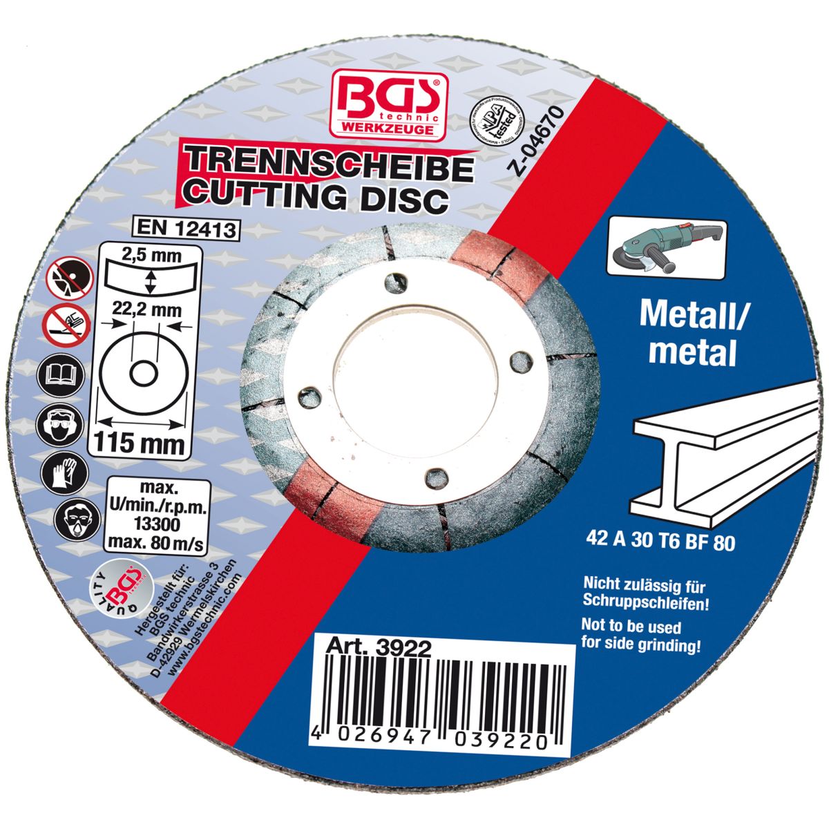 Trennscheibe für Metall | Ø 115 x 2,5 x 22,2 mm | Typ 42