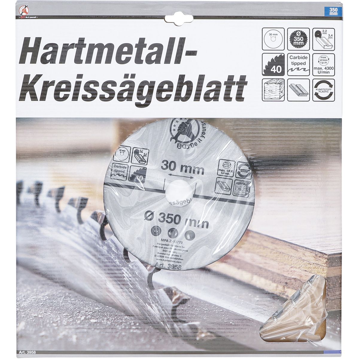 Hartmetall-Kreissägeblatt | Ø 350 x 30 x 3,4 mm | 40 Zähne