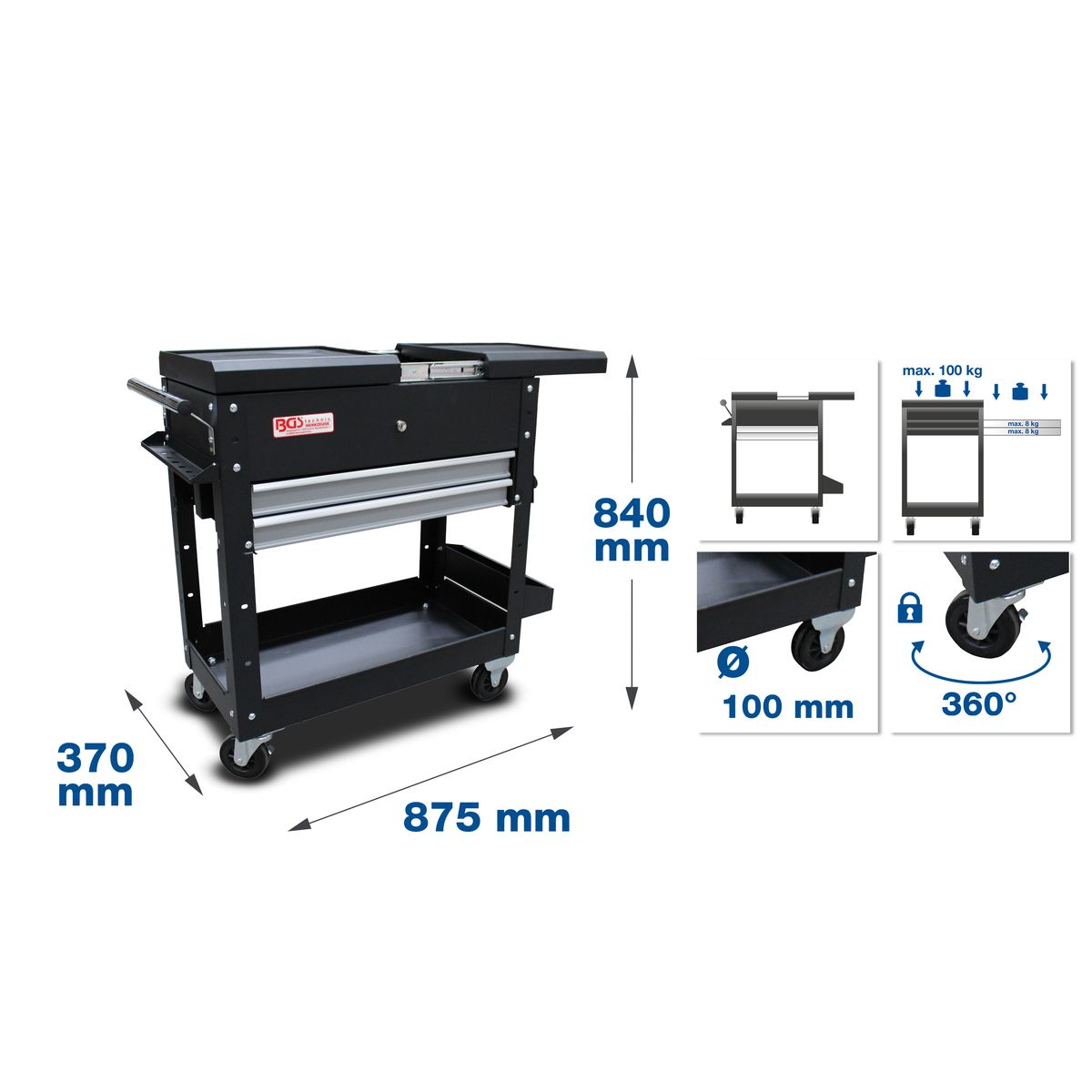 Workshop Trolley | 2 Drawers | Horizontal double Drawer Slide | empty