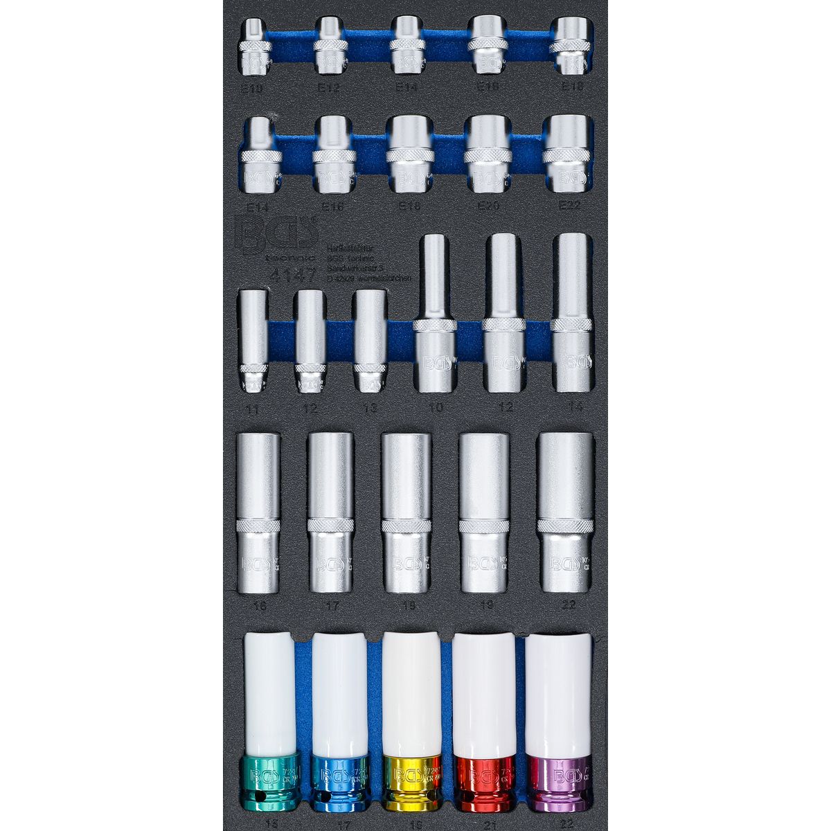 Werkstattwageneinlage 1/3: Steckschlüssel-Einsätze | Sechskant, tief 11 - 22 mm | E-Profil E10 - E22 | 6,3 mm (1/4"), 10 mm (3/8"), 12,5 mm (1/2") | 26-tlg.