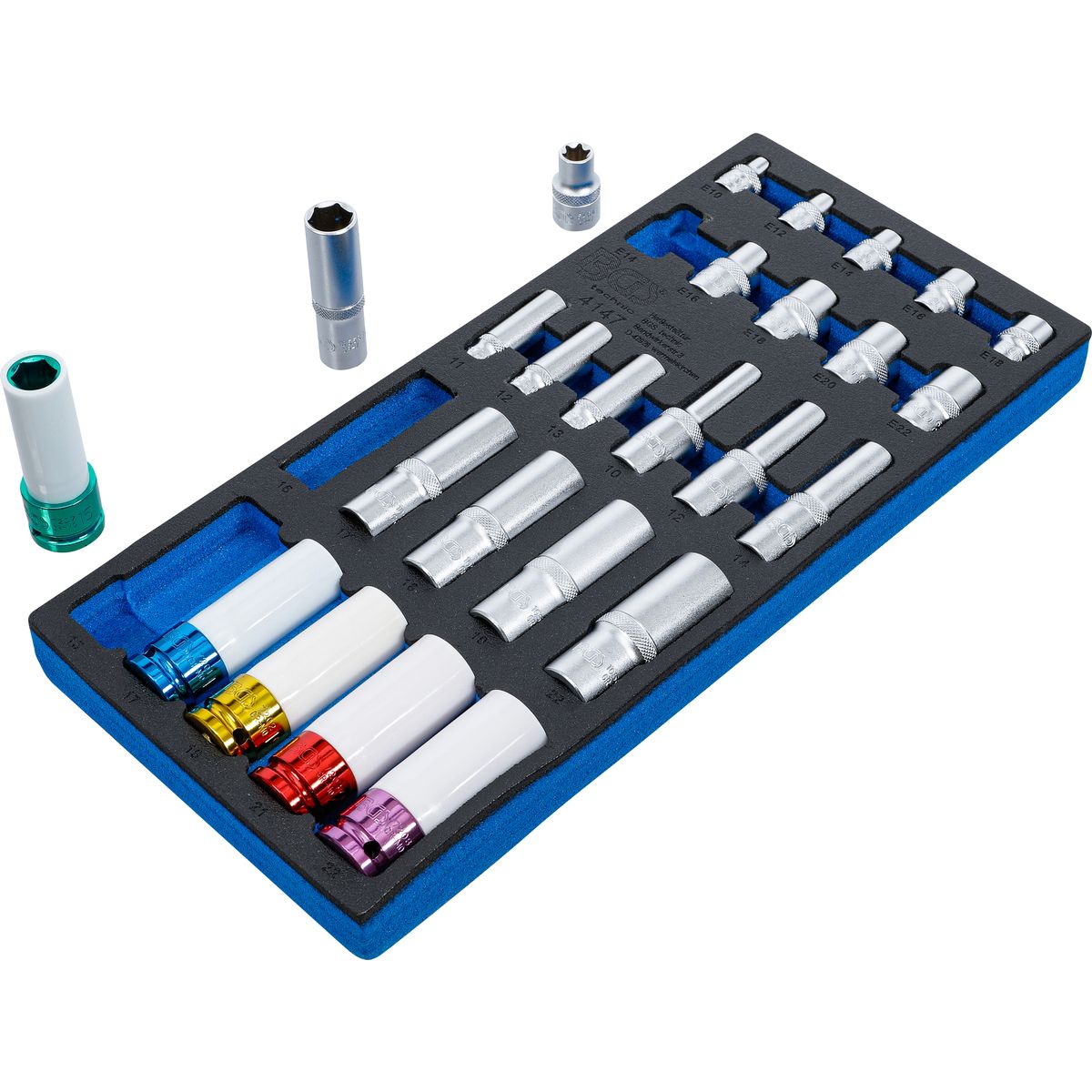 Tool Tray 1/3: Sockets | Hexagon, deep 11 - 22 mm | E-Type E10 - E22 | 6.3 mm (1/4"), 10 mm (3/8"), 12.5 mm (1/2") | 26 pcs.