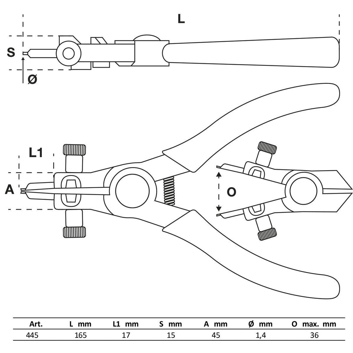 Alicate de puntas (circlip) | para anillos de retención exteriores | 165 mm