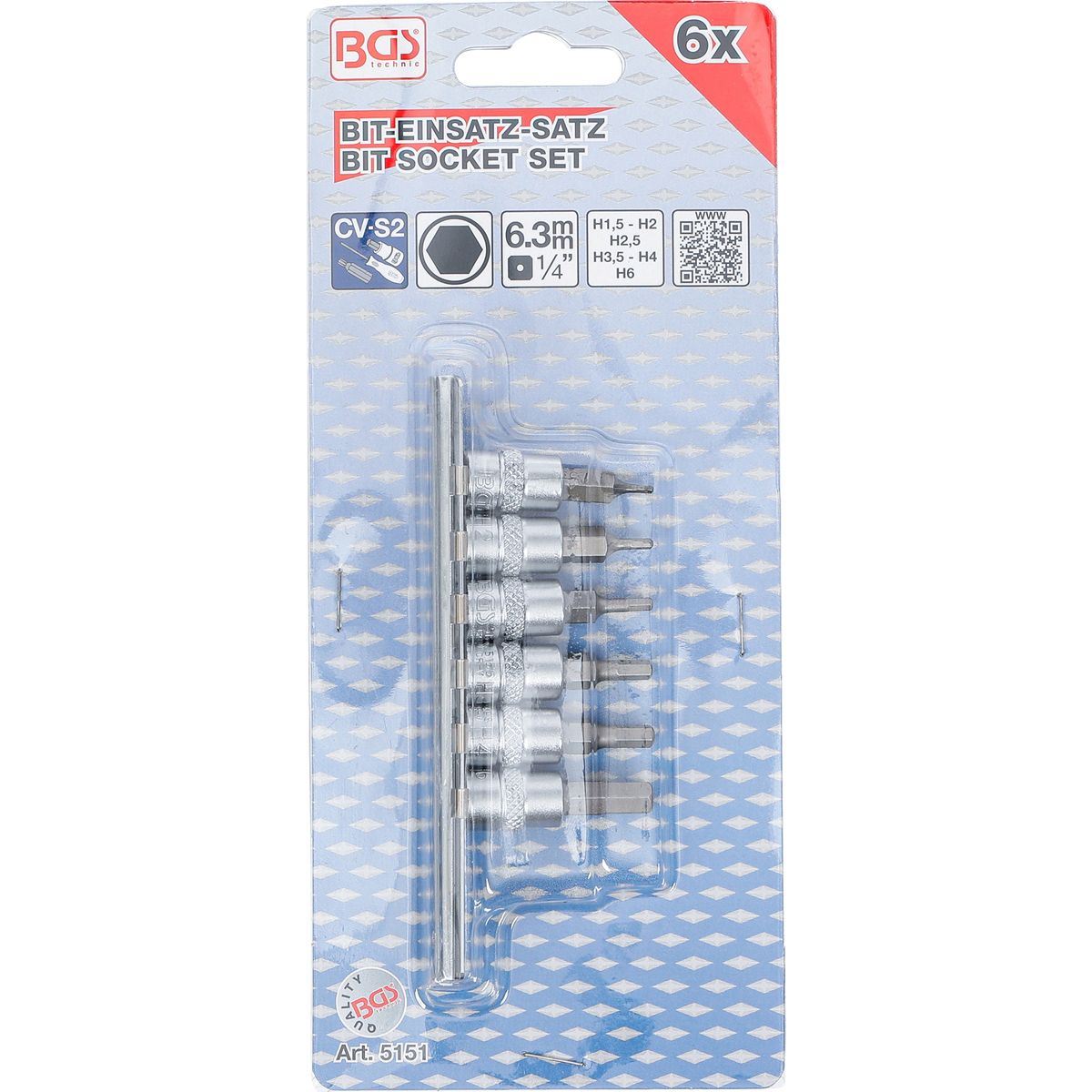 Bit Socket Set | 6.3 mm (1/4") Drive | internal Hexagon 1.5 - 6 mm | 6 pcs.