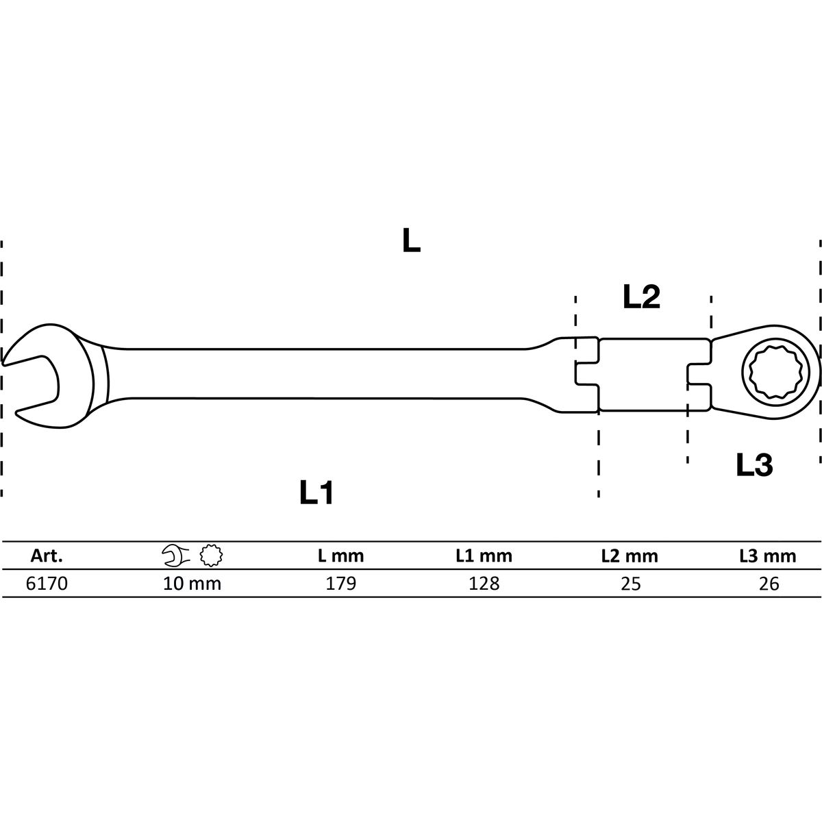 Llave combinada con carraca de doble articulación | angulable | 10 mm