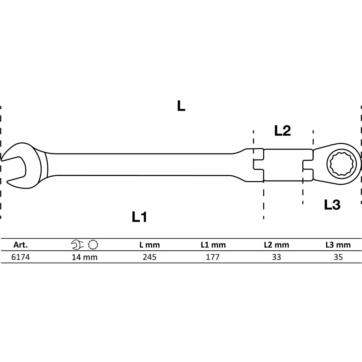 Llave combinada con carraca de doble articulación | angulable | 14 mm