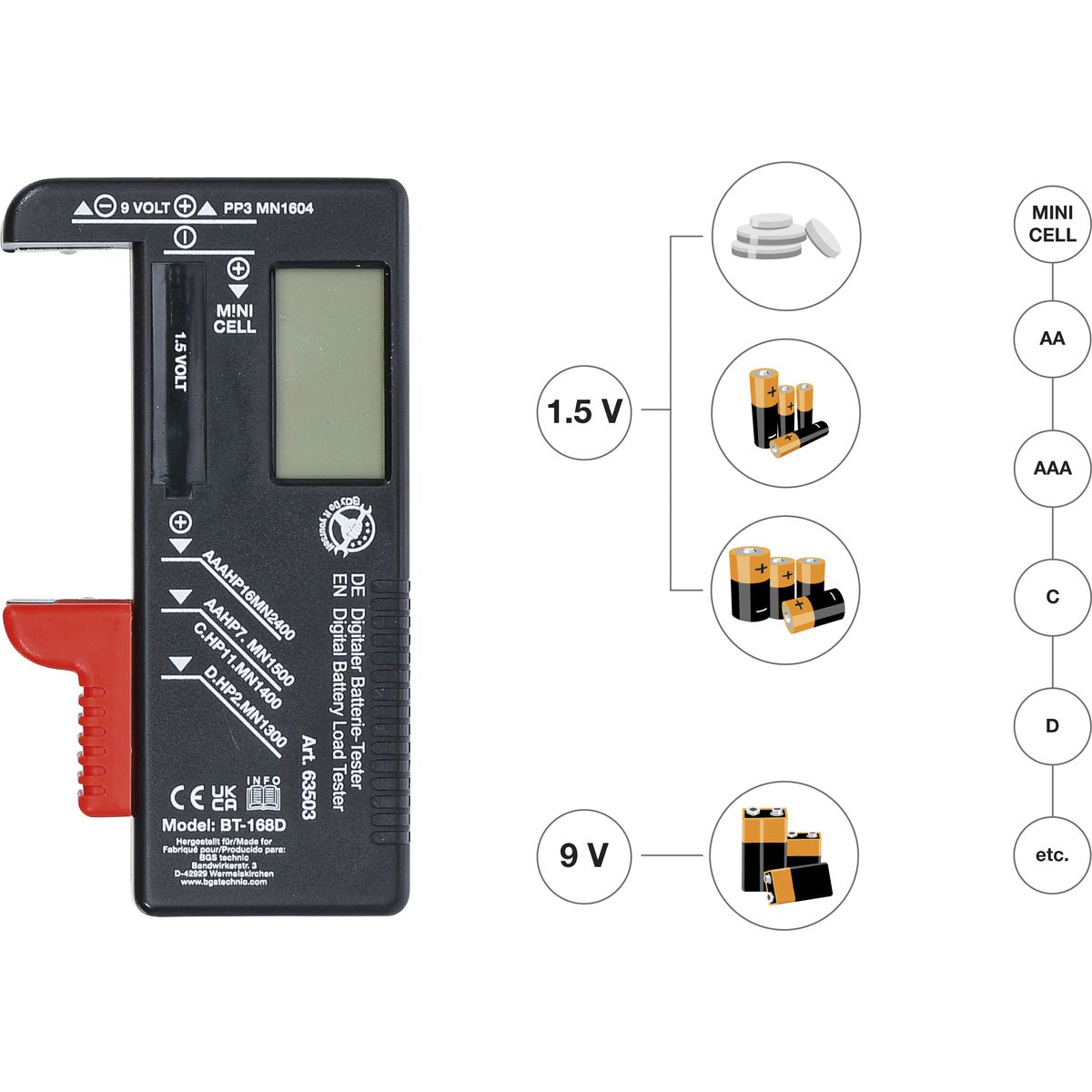 Testeur de batterie numérique | 1,5 V / 9 V