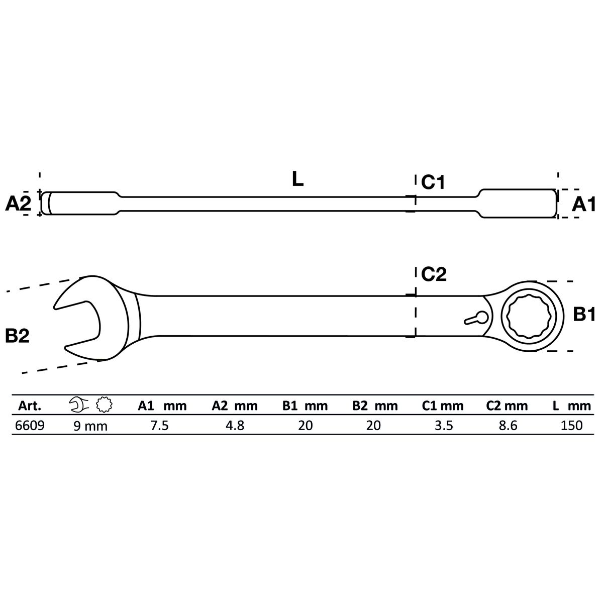 Llave combinada con carraca | reversible | 9 mm