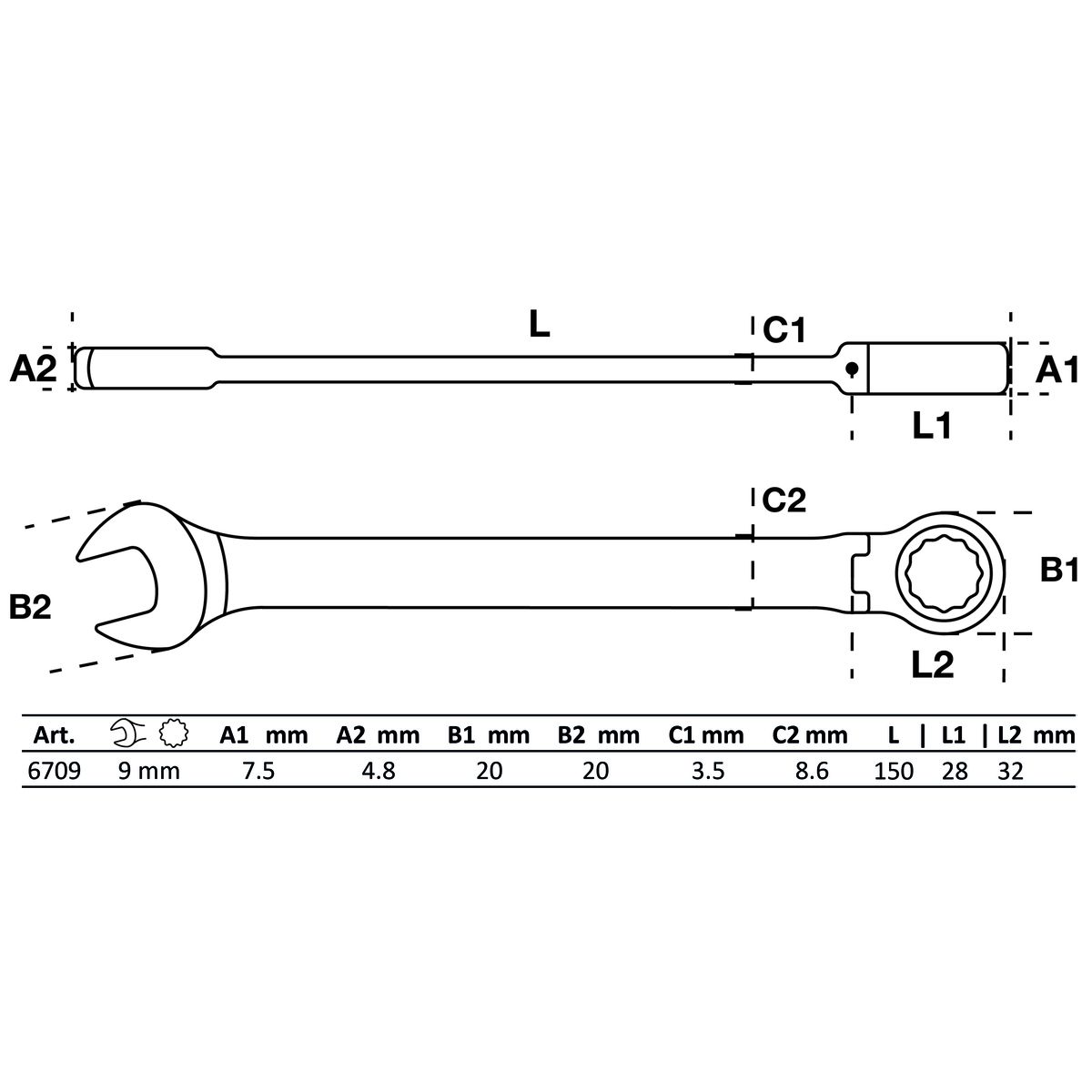 Llave combinada con carraca | ajustable 90° | 9 mm