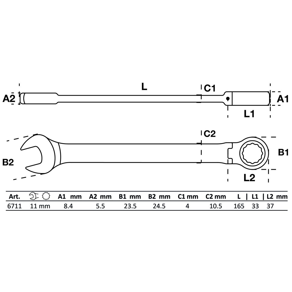 Llave combinada con carraca | ajustable 90° | 11 mm