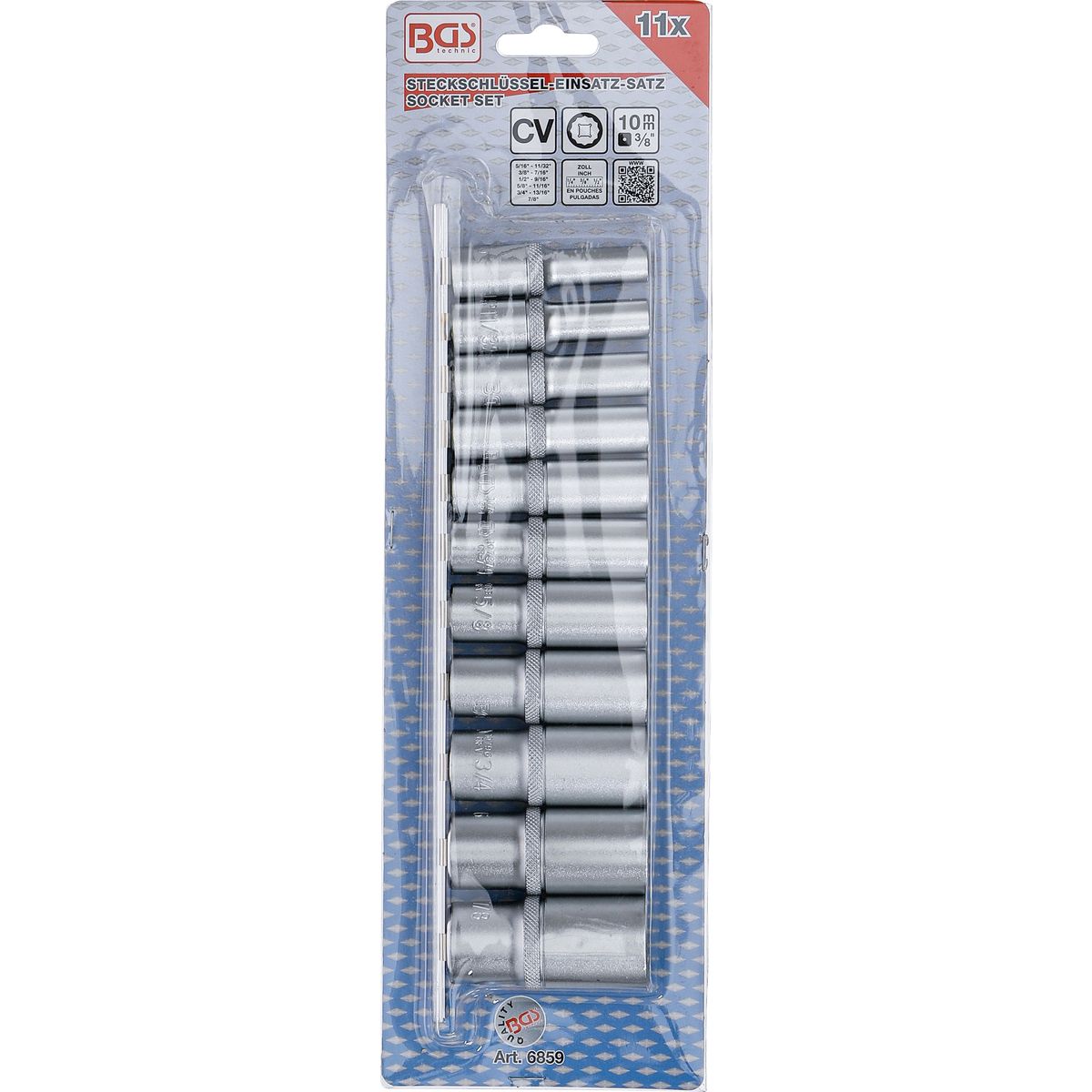 Socket Set, 12-point, deep | 10 mm (3/8") Drive | Inch Sizes | 11 pcs.